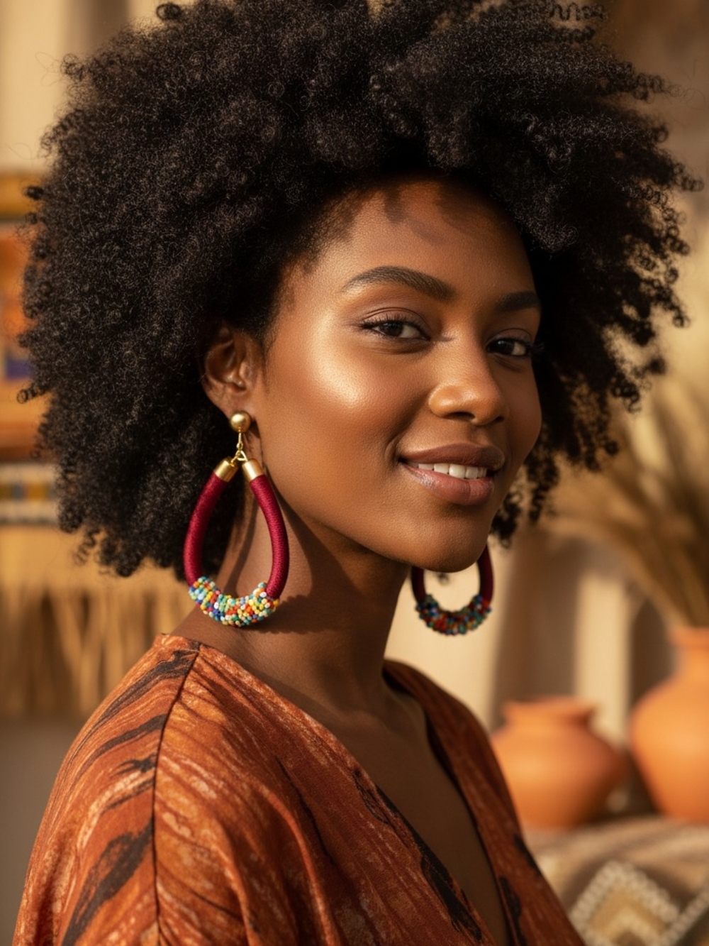 Burgundy Wrapped Hoop Earrings with Multicolor Bead Accent